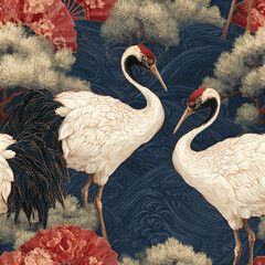 Naklejka premium Traditional Asian seamless pattern with graceful white cranes, red fans, and pine trees on dark blue swirling background