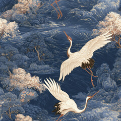Naklejka premium Traditional Japanese night ocean pattern with soaring white crane birds and detailed blue waves and trees, elegant and serene