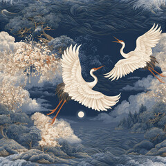 Naklejka premium White crane birds flying over ocean under moonlight with traditional Japanese style floral and pine tree landscape