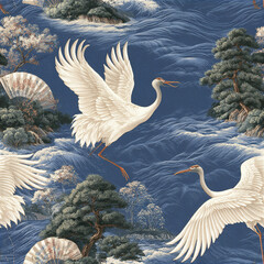 Naklejka premium Traditional Japanese night ocean pattern with soaring white crane birds and pine trees creating serene and elegant atmosphere