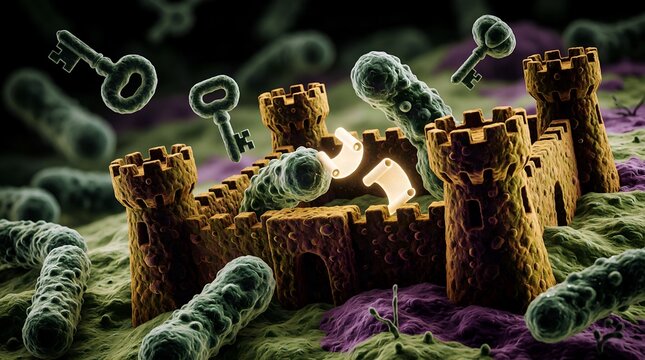 Castle fortress protecting against attacking keys and bacteria with fortress