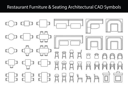 Restaurant furniture floor plan cad block vector set. Thin line tables, chairs, booths and seating layouts for cafe, dining, foodservice and interior design plans