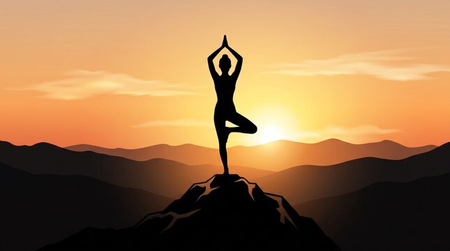 Woman doing yoga pose at sunrise on mountain peak