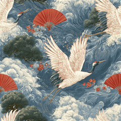 Naklejka premium Flying crane bird with red fan and pine tree traditional Japanese ukiyo e style seamless pattern with elegant clouds