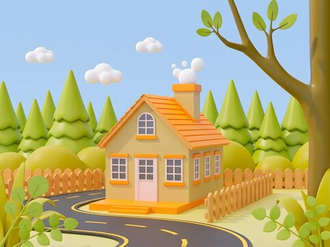 3D miniature house with winding road and pine trees