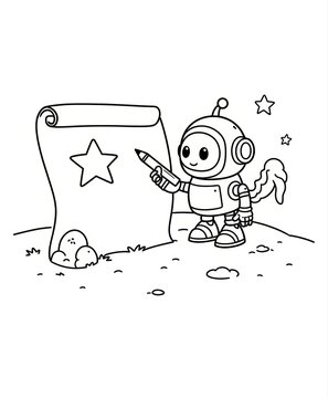 Cute cartoon robot character drawing on a planet with stars and a landscape scene