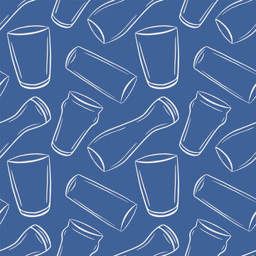 Seamless beer glass pattern in white line art on blue background, beverage and pub culture theme, repeating textile or packaging design, vector illustration.