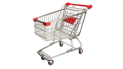 Metal shopping cart with red handle consumerism retail layout isolated on transparent background © Brooks