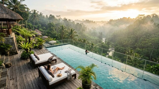 Luxury infinity pool at a tropical resort overlooking a lush jungle and misty valley in Bali at sunrise