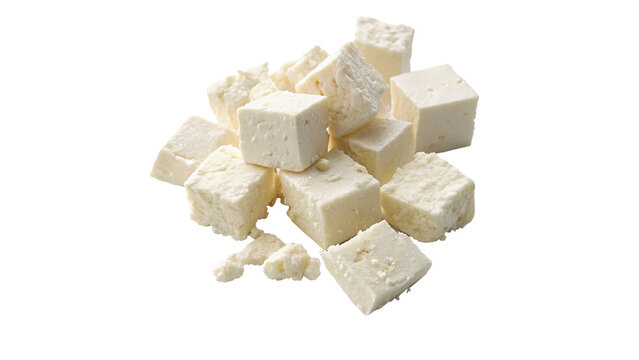 Heap of diced white feta cheese cubes salad ingredient isolated on transparent background