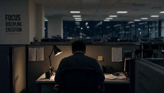 Overtime work in dim office cubicle with focused employee sitting at desk under lamp