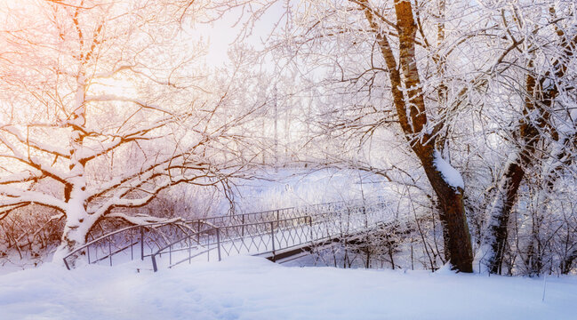 Winter landscape. A metal bridge with railings crossing a snowy river bank. Bare trees and a strong pink sun flare in a frosty winter forest, panoramic scene