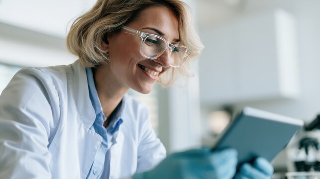 Female scientist in laboratory wearing glasses and gloves using a tablet for research and analysis