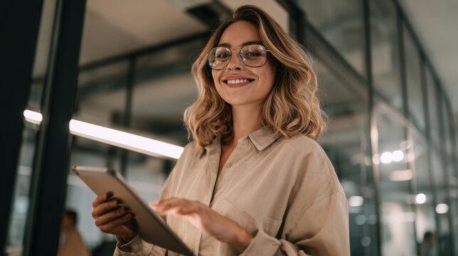 Confident businesswoman using tablet in modern office with glasses and warm lighting