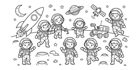 Line drawing depicts astronauts rockets and planets on a black background © AZIZUL RAHMAN
