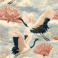 Naklejka premium Cranes flying with traditional fans and cherry blossoms soft pastel colors creating serene and elegant Asian inspired pattern