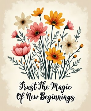 Colorful Garden Flowers with Inspirational Quote "Trust The Magic Of New Beginnings"