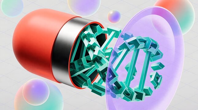 Open medicine capsule with DNA strand, AI generated image of a red capsule