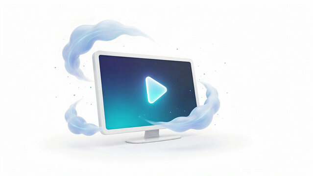 Modern computer monitor displaying play button symbol surrounded by floating cloud effects on transparent background