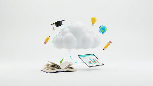 Modern educational concept illustration featuring cloud connected to book tablet globe graduation cap and lightbulb