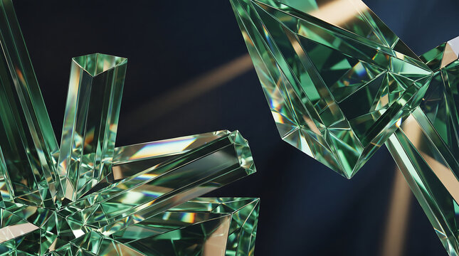 Abstract emerald green geometric crystal facets with shimmering light effects against a dark background