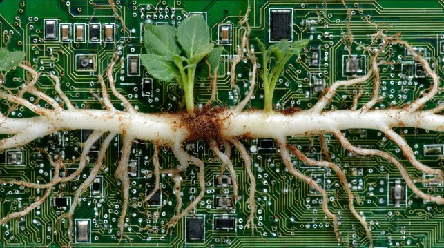 Exploring nanotechnology in biomedical engineering for innovative medical devices and microchip circuitry combined with organic plant roots in hybrid technology.