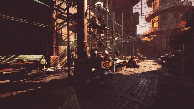 In a bustling marketplace, vendors display goods under warm sunlight. Narrow pathways and buildings create a lively atmosphere filled with colors and activity, reflecting local culture.