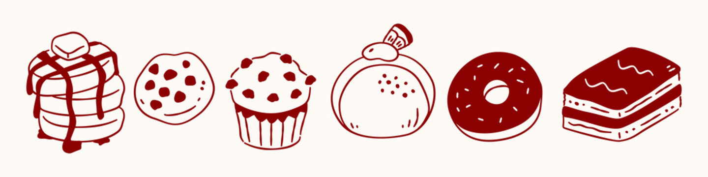 Hand-drawn bakery clipart set with pancakes, donut, muffin, cookie, and cake on cream background