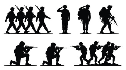 Naklejka premium Black silhouette vector set of military soldiers in various combat stances including marching saluting and aiming weapons at tactical targets
