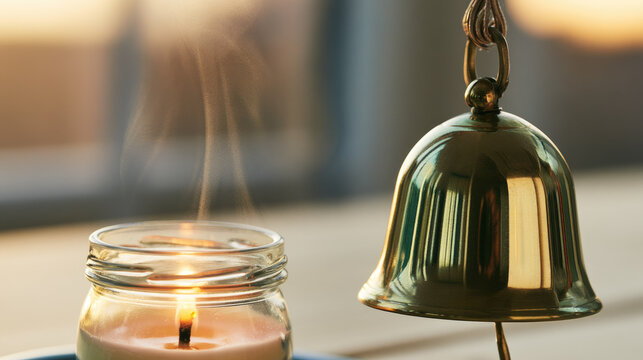 Brass bell glass candle flame smoke holiday candle fire safety macro photograph showing polished brass bell beside burning soy candle glass jar, with warm daylight, reflection, shallow focus