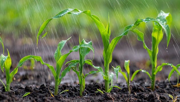 Young green corn seedlings growing in fertile soil.