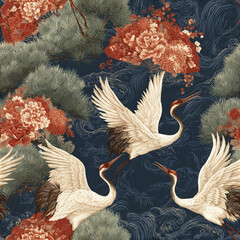 Fototapeta premium Vintage crane bird pattern with pine tree and floral fan, elegant traditional Japanese style design with soft colors