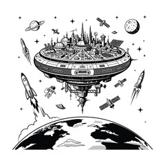 Futuristic space station orbiting Earth with rockets and planets © MARINA