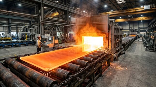Molten Glowing Steel Slab Processed on Conveyor Belt in Large Industrial Manufacturing Facility