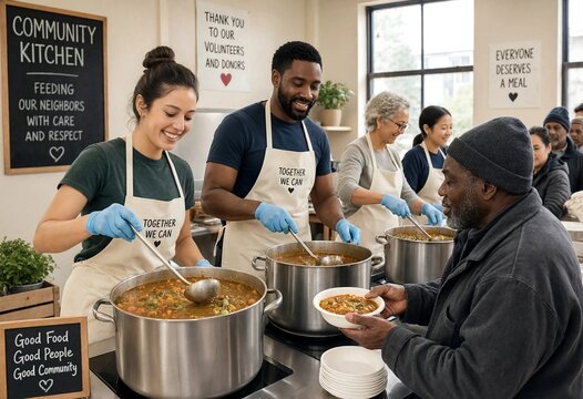 Volunteers serving hot soup to people in need at a local community kitchen food bank shelter