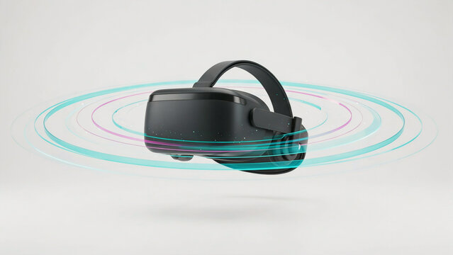 Modern virtual reality headset floating with futuristic glowing concentric circles around it on transparent background