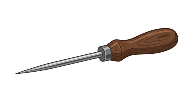 Vintage Ice Pick Tool with Wooden Handle Isolated on White Vector Illustration