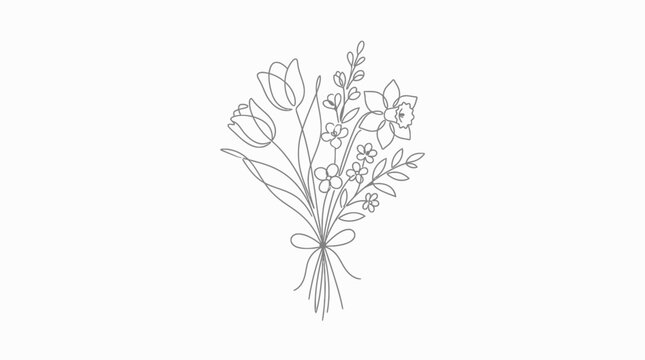 Minimalist Spring Flowers Bouquet Line Art Vector Illustration on White Background