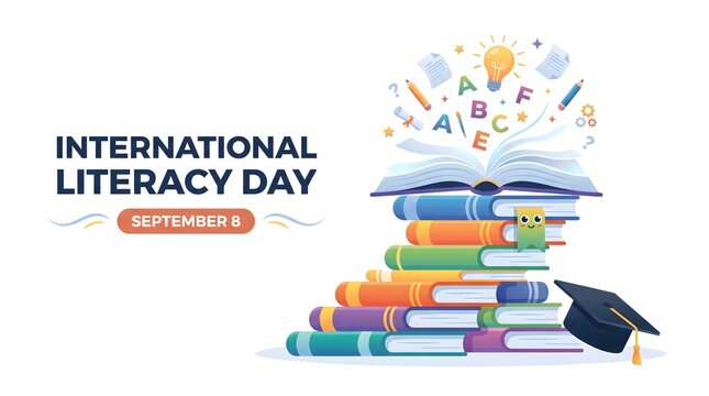 International Literacy Day September 8 Book Stack Graduation Cap