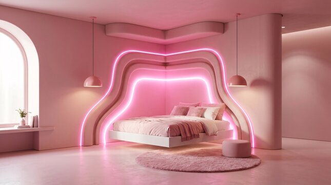 Monochromatic pink bedroom with minimalist floating white bed in curved alcove, neon LED outline, two pink pendant lamps, pastel design.