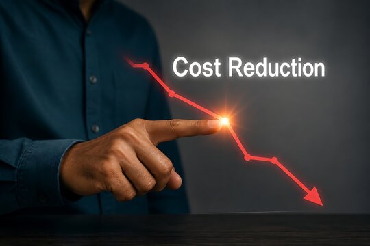 Finger pointing at downward red arrow with cost reduction text on dark background