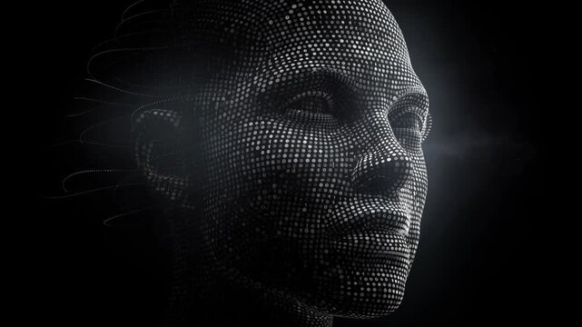 Futuristic digital human face made of dots and binary code on dark background technology concept