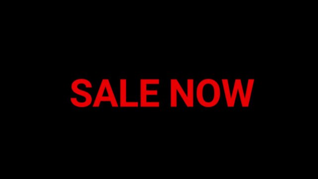 Sale now text stands out in vibrant red characters against a dark black background to communicate an immediate and active retail discount opportunity.