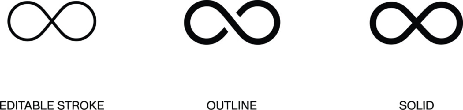 Infinity Icon Set, editable stroke outline vector symbols for infinite, eternity, endless, loop, unlimited concepts, apps, websites, and user interfaces