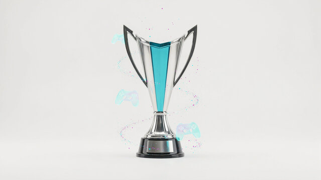 Shiny metallic trophy cup with blue center and decorative base on transparent background for awards and achievements