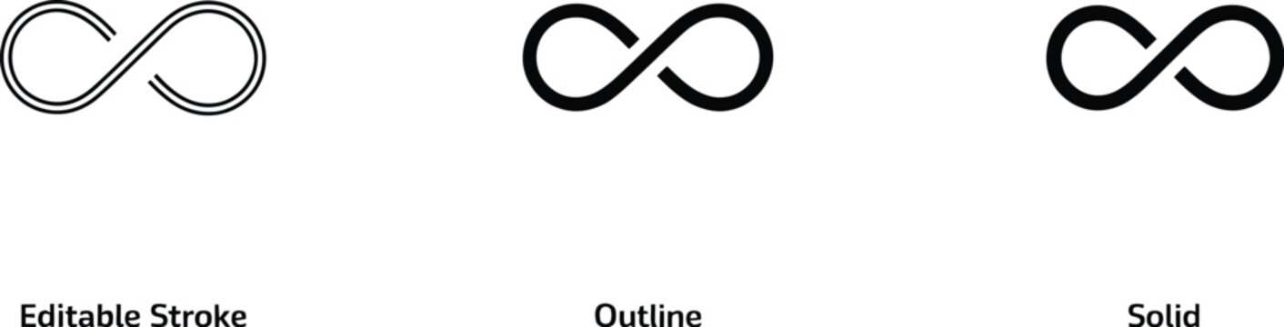 Infinity Icon Set, editable stroke outline vector symbols for infinite, eternity, endless, loop, unlimited concepts, apps, websites, and user interfaces