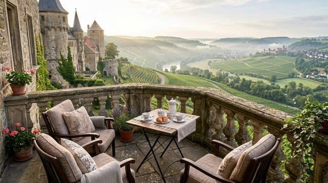 Elegant Breakfast for Two on a Stone Balcony Overlooking a Medieval Castle and Lush Vineyards