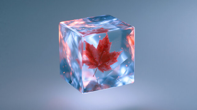 Vibrant red maple leaf suspended deep within a perfectly transparent glowing ice cube creates a striking contrast against soft blue moody lighting in this composition.
