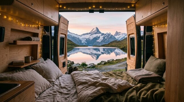 Cozy camper van interior with a bed overlooking a beautiful mountain lake at sunrise in the Alps