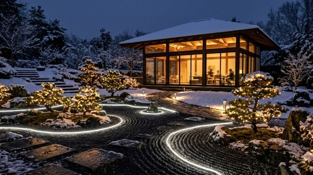 Beautifully Illuminated Modern Japanese House with Zen Rock Garden Covered in Snow at Night